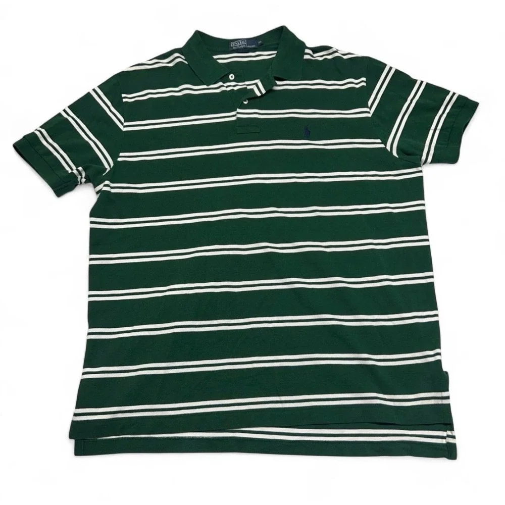 Polo Ralph Lauren Mens XL Green White Striped Short Sleeve Pique Polo Shirt